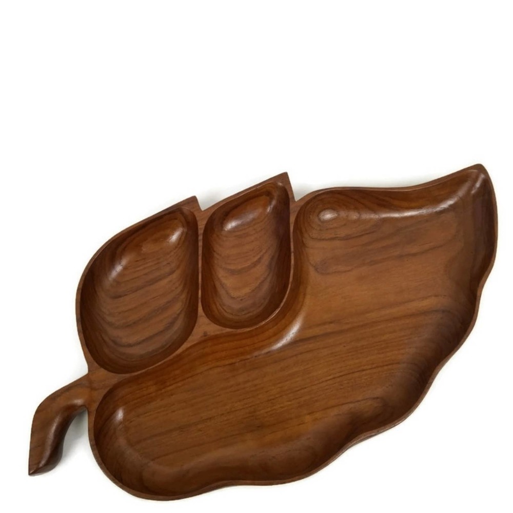 LARGE Monkey Pod Wood Leaf Vtg Platter Dish Carved Display Coin Holder Fruit